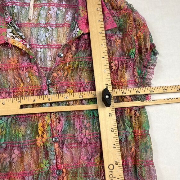 Free People Julie Lace Button Down Shirt Colorful Y2K Short Sleeve Boho Top M - Picture 8 of 10